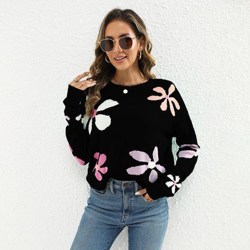 Color-Black-Women Jacquard Contrast Color Floral Sweater O neck Short All Match Casual Pullover Sweater-Fancey Boutique