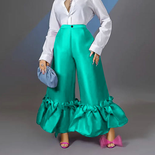 Color-High Waist Loose Design Ruffles Wide Leg Bell Bottoms High Waist Flare Pants-Fancey Boutique