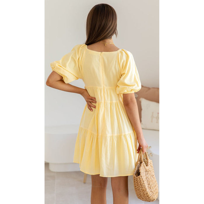 Color-Women Clothing Spring Summer New V-neck Puff Sleeve Mini Casual Dress-Fancey Boutique