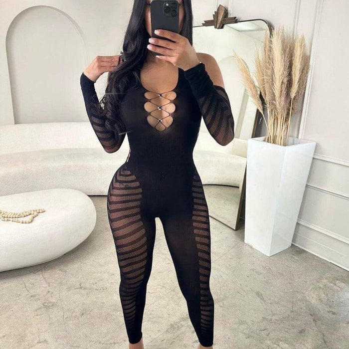 Color-Black-Autumn Women Solid Color Halter Sleeve Hollow Out Cutout out See through Backless Sexy Tight Jumpsuit-Fancey Boutique