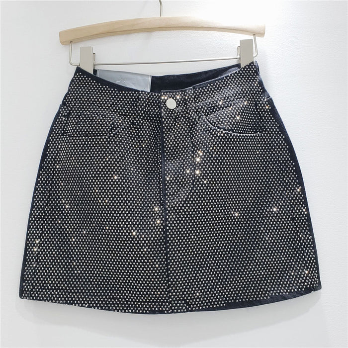 Color-【MOQ-5 packs】 Summer Heavy Embroidery Drilling Denim Skirt Women High Waist Slimming A line Hip Wrapped Skirt-Fancey Boutique