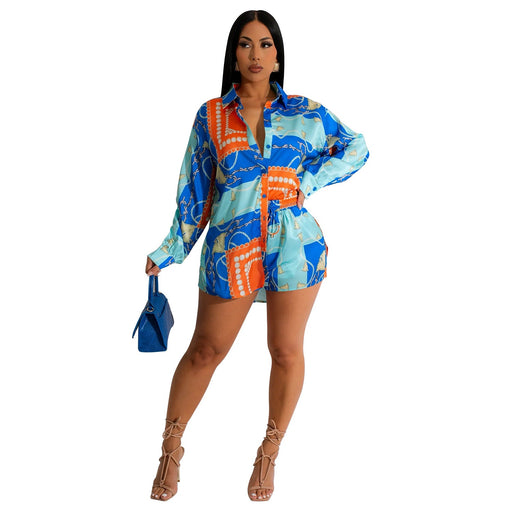 Color-Blue-Women Wear Color Stitching Turnover Neck Shirt Long Sleeve Shorts Two Piece Set-Fancey Boutique