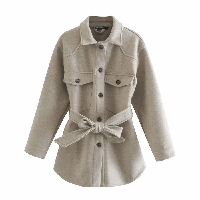 Color-Khaki-Fall Lapels Single-Breasted Belt Waist Slim Mid-Length Woolen Coat Top Women-Fancey Boutique