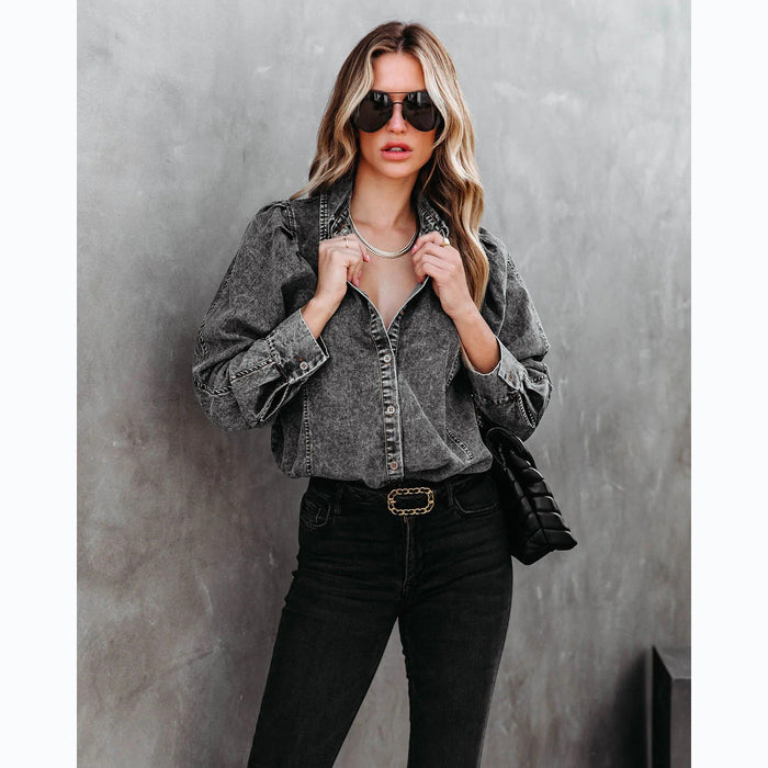 Color-Autumn Winter Collared Casual Street Denim Shirt Women-Fancey Boutique