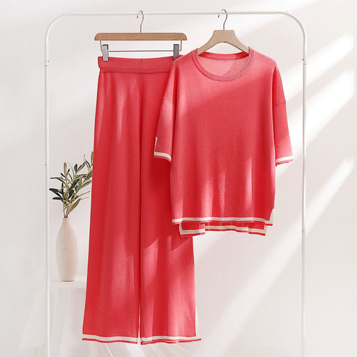 Color-nacarat-Classic Ice Silk Knitting Suit Women Spring Summer Two Piece Set Short Sleeve Stitching Casual Slimming Fashionable-Fancey Boutique