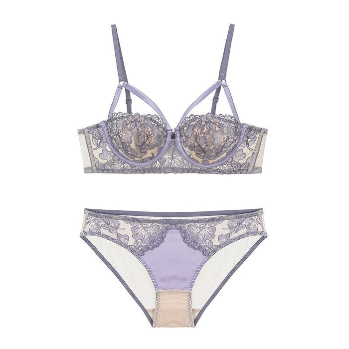 Color-Purple Suit-French Embroidery Underwear Women 1/2 Rabbit Ear Cup Soft Steel Ring Sexy Floral Lace Bra Panties Set-Fancey Boutique