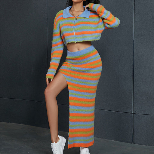 Color-Fall Women Clothing Sexy Knitted Striped Contrast Color High Waist Slim Long Slit Skirt Sets-Fancey Boutique