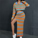 Color-Fall Women Clothing Sexy Knitted Striped Contrast Color High Waist Slim Long Slit Skirt Sets-Fancey Boutique