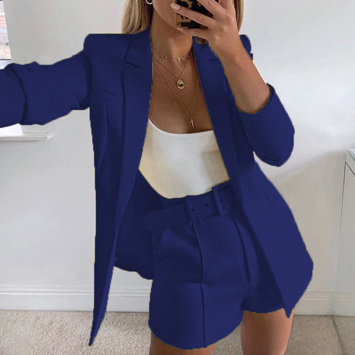 Color-Dark Blue Suit-Top Shorts Suit with belt Sexy Women Casual Polo Collar Cardigan-Fancey Boutique