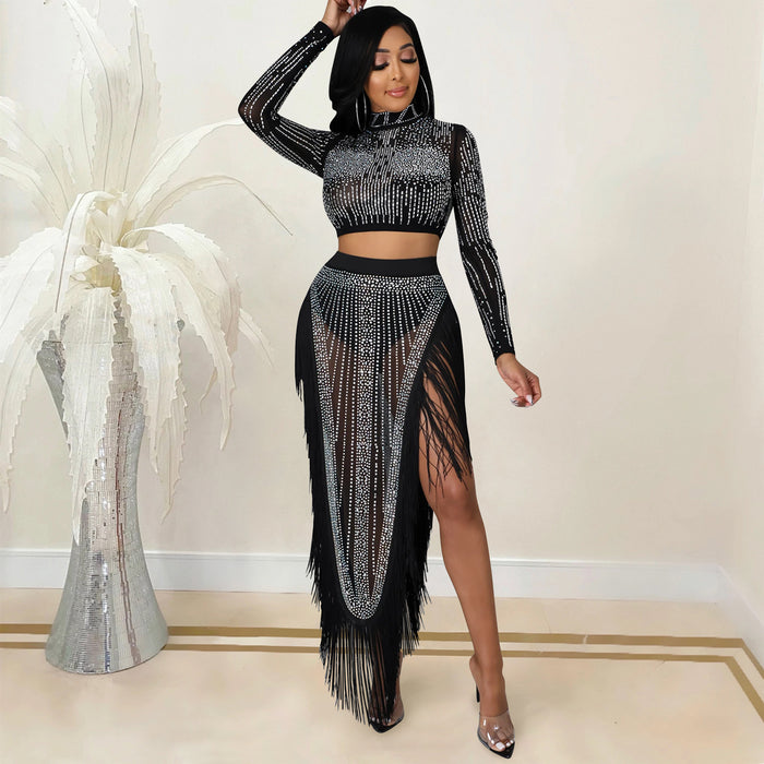 Color-Sexy Nightclub Drilling Mesh See through Long Sleeve Split Maxi Dress Two Piece Set-Fancey Boutique