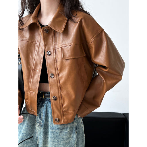 Color-Fashionable Fine Elegant Brown Profile Faux Leather Coat Women Fall Lapels Motorcycle Short Jacket Coat-Fancey Boutique
