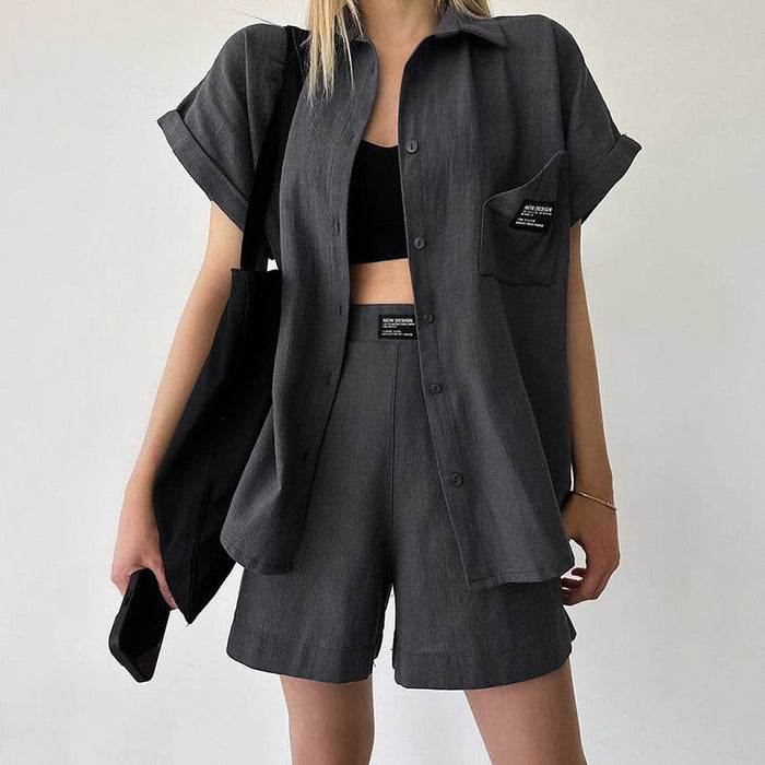 Color-Gray-Summer Design Casual Cotton Linen Short Sleeve Shirt Shorts Two Piece Set for Women-Fancey Boutique