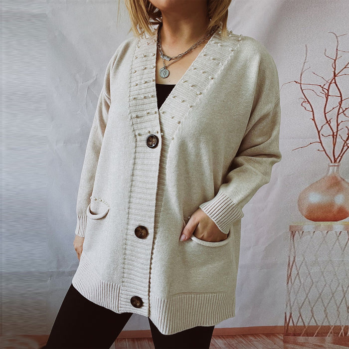 Color-Autumn Winter Solid Color Loose Handmade Pearl Single Breasted Pocket Knitted Sweater Cardigan Coat-Fancey Boutique