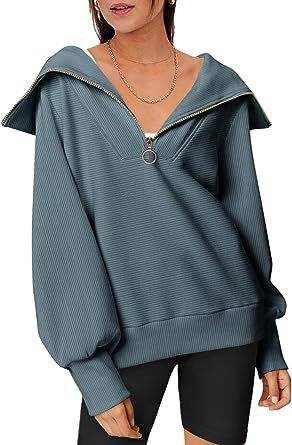 Color-Blue-Women Clothing Autumn Winter Oversized Half Zipper Pullover Sweater Hoodie Top-Fancey Boutique