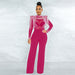 Color-Coral Red-Sexy Casual Slim Fit Turtleneck See Through Rhinestone Tassel Jumpsuit Women-Fancey Boutique