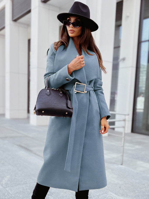 Color-Blue-Autumn Winter Long Sleeve Button V neck Lace up Woolen Coat Women Clothing-Fancey Boutique