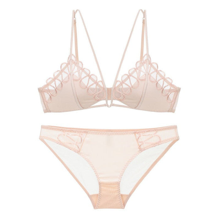 Color-Pink Skin Suit-French Mesh Embroidered Underwear Women Thin Section Without Steel Ring Triangle Cup Sexy Bra Set Bralette-Fancey Boutique