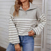 Color-Autumn Winter Mixed Color Stripe Polo Collar Sweater Women Lantern Sleeve Sweater-Fancey Boutique