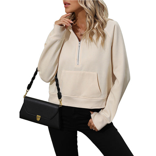 Color-Apricot-Ladies Half Zip Pullover Hooded Sweatshirt Fleece Short Chic Sweatshirt-Fancey Boutique
