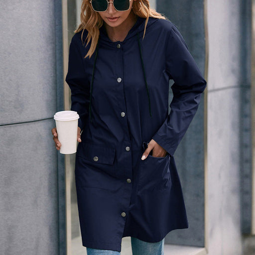 Color-Navy Blue-Outdoor Mountaineering Raincoat Mid-Length Anorak Zipper Waterproof Jacket Coat for Women-Fancey Boutique