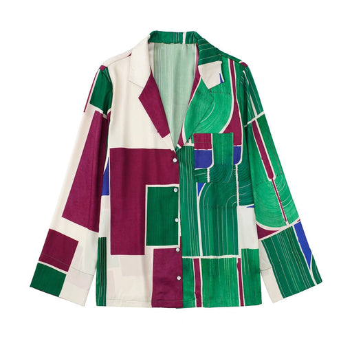 Color-Multi-Women Spring Summer Suit Collar Geometric Abstract Print Long Sleeve Shirt-Fancey Boutique