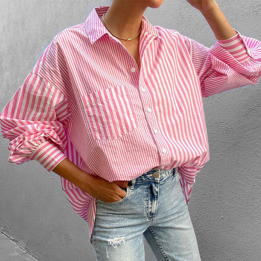 Color-Pink-Autumn Women Clothing Collared Loose Long Sleeve Striped Shirt-Fancey Boutique