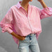 Color-Pink-Autumn Women Clothing Collared Loose Long Sleeve Striped Shirt-Fancey Boutique