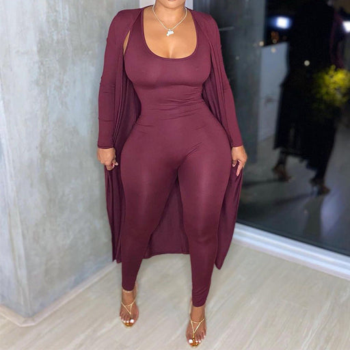 Color-Burgundy-Chic Autumn Winter Solid Color Women Stylish Long Sleeves Sexy Jumpsuit Coat Two Piece Set-Fancey Boutique