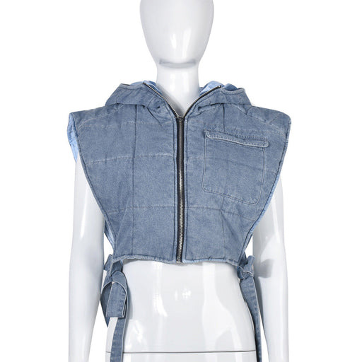 Color-light blue-Women Clothing Denim Quilted Washed Hooded Sleeveless Workwear Short Vest-Fancey Boutique