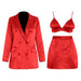 Color-Red-Trendy Brand Fall Three Piece Set Double Breasted Suit Camisole Short Sheath Slim Skirt-Fancey Boutique