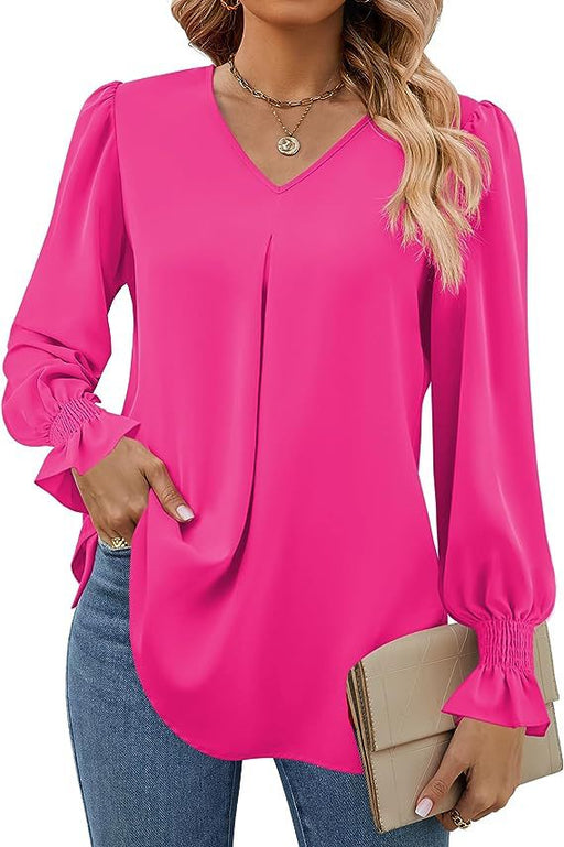 Color-Coral Red-Women Clothing Autumn Winter Solid Color Chiffon Shirt V Neck Pullover Horn Long Sleeve Top Shirt-Fancey Boutique