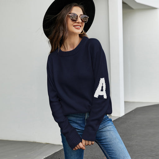 Color-Women Clothing Letter Graphic Jacquard Casual Sweater Idle Loose Pullover Women Sweater-Fancey Boutique
