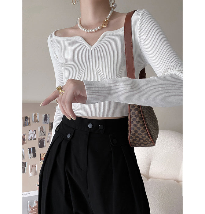 Color-Petal Collar Short Sweater for Women Autumn Slim Fit Collarbone Bottoming Shirt-Fancey Boutique