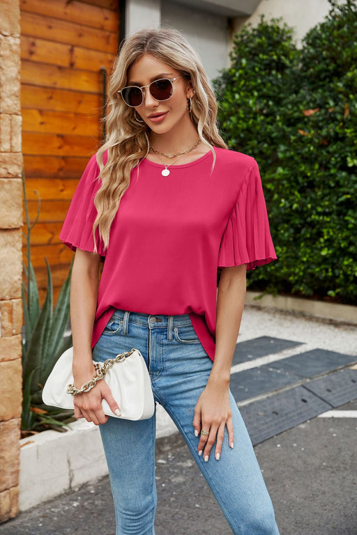 Color-Summer Women Clothing Ice Silk Zou Folding Bell Sleeve round Neck Top-Fancey Boutique