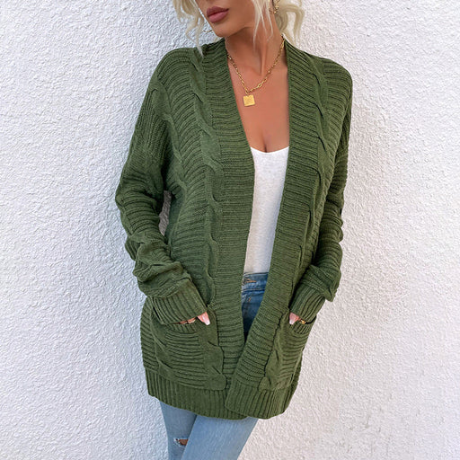 Color-Army Green-Sweater Women Autumn Winter New Twist Mid-Length Pocket Knitted Cardigan Coat-Fancey Boutique