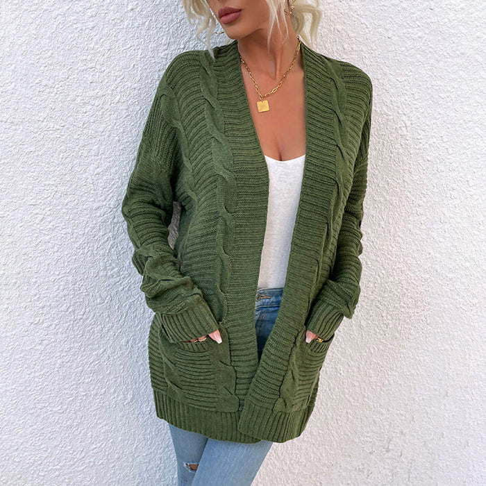 Color-Army Green-Sweater Women Autumn Winter New Twist Mid-Length Pocket Knitted Cardigan Coat-Fancey Boutique