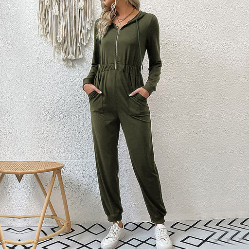 Color-Army Green-Women Clothing Autumn Winter Hooded Long Sleeved Zipper Hoodie Casual Sports Jumpsuit-Fancey Boutique