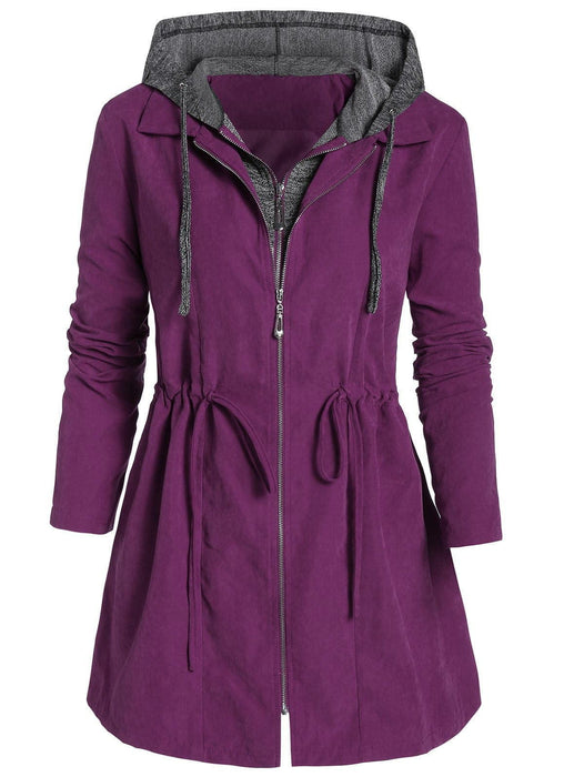 Color-Purple-Mid-Length Cotton-Padded Coat Women Winter Coat Zipper Faux Two-Piece Hooded plus Size Cotton Clothes Women-Fancey Boutique