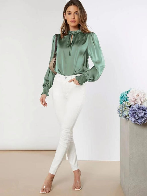 Color-Emerald Green-Women Shirt Autumn Arrival Elegant Solid Color Round Neck Long Sleeve Lace up Straight Satin Blouse-Fancey Boutique