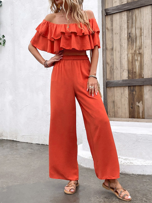 Color-Summer Sexy Ruffles off Shoulder Top High Waist Casual Straight Leg Long-Fancey Boutique