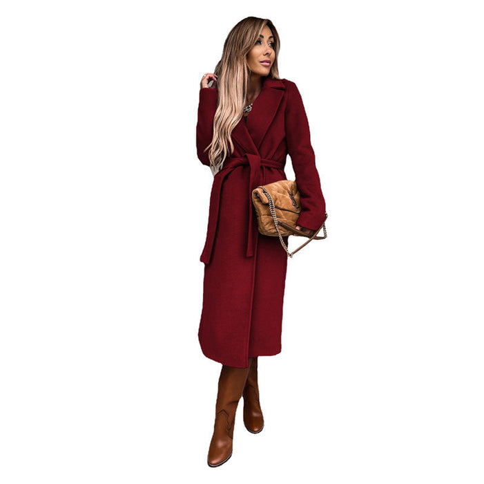Color-Burgundy-Autumn Winter Women Clothing Solid Color Polo Collar Long Sleeved Woolen Coat Simple Lace up Trench Coat-Fancey Boutique