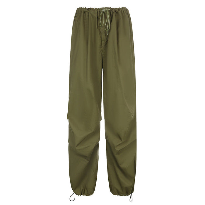 Color-Army Green-Street Retro Casual Drawstring Lace Waist of Trousers Loose Wide Leg Pants Sexy Handsome Dance Exercise Ankle Tied Trousers-Fancey Boutique