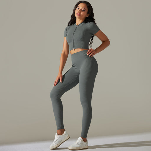 Color-Dark Gray-Women Seamless Knitted Peach Hip High Waist Yoga Clothes Running Fitness Yoga Sports Sets-Fancey Boutique