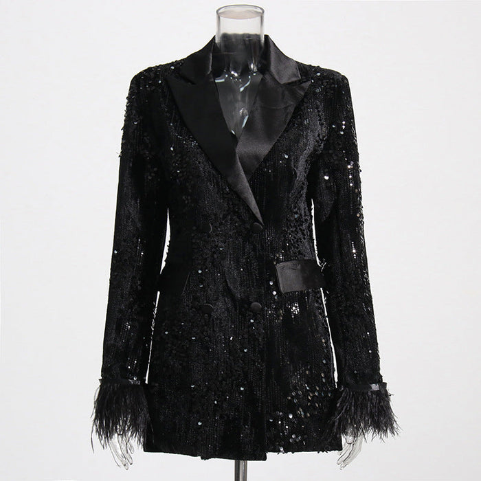 Color-Autumn Socialite Affordable Luxury Sequined Blazer Slim Fit Cuff Furry Stitching Small Blazer-Fancey Boutique