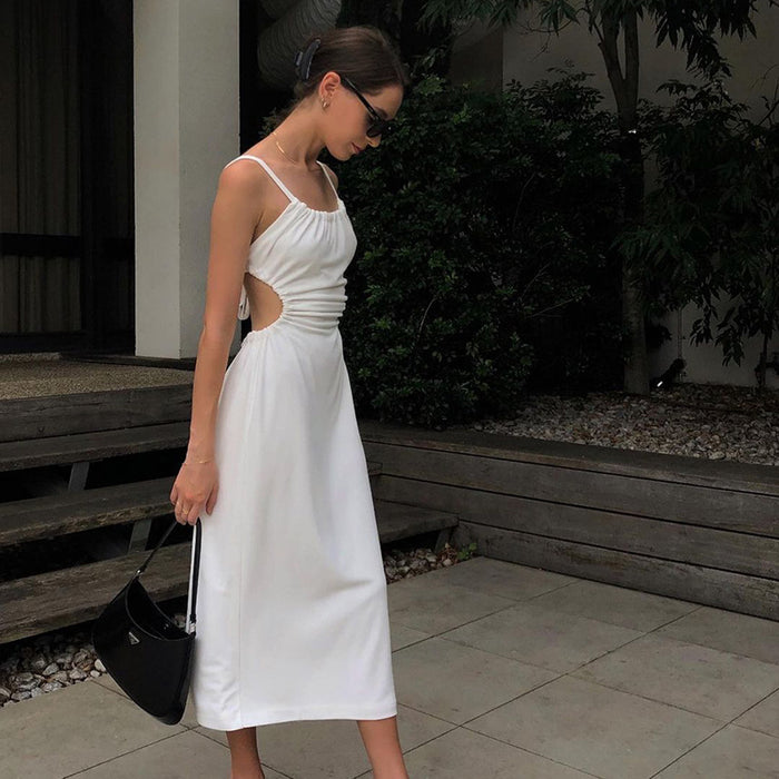 Color-White-off-Neck Slim Strap Mid-Length Backless Dress-Fancey Boutique