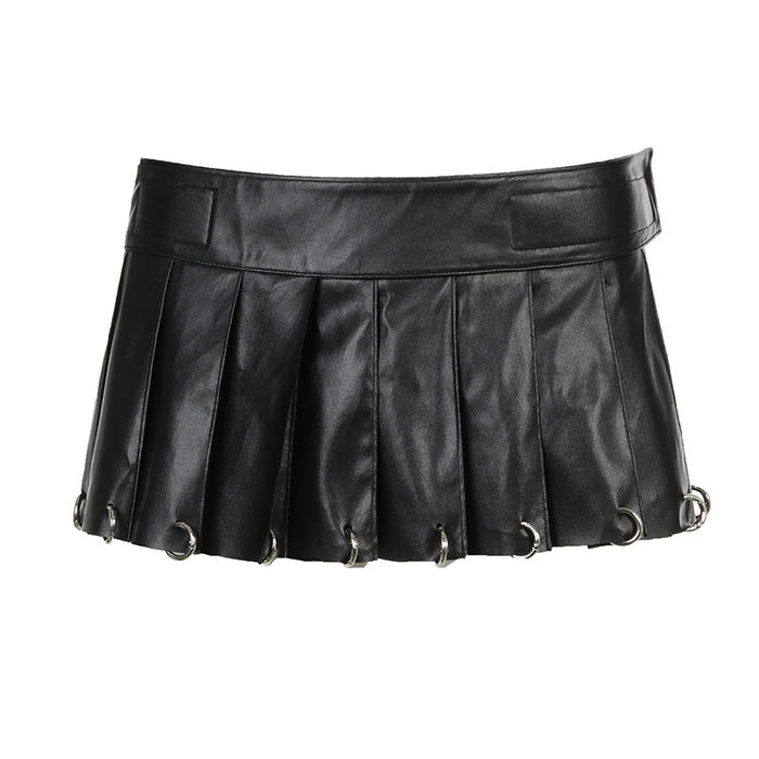 Color-Black-Street Punk Velcro One Piece Leather Skirt Personalized Heavy Industry Metal Ring Buckle Sexy Mini Skirt-Fancey Boutique