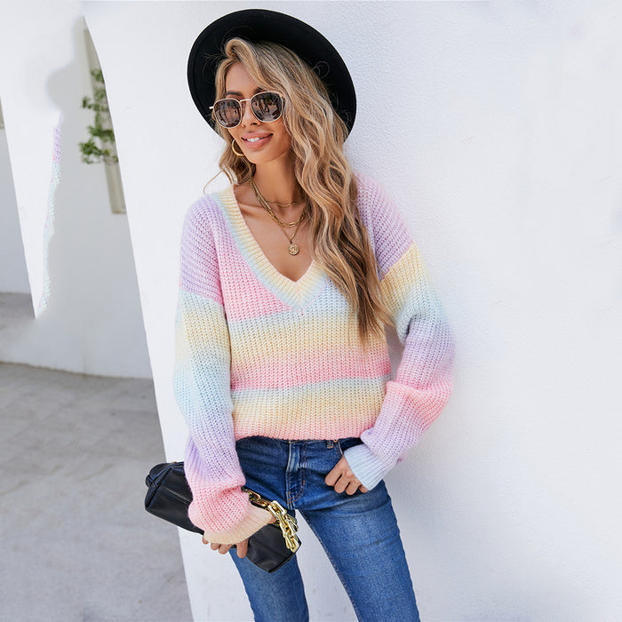 Color-Autumn Winter Women Rainbow Stitching Tie Dyed V neck Pullover Personality Sweater Knitted-Fancey Boutique