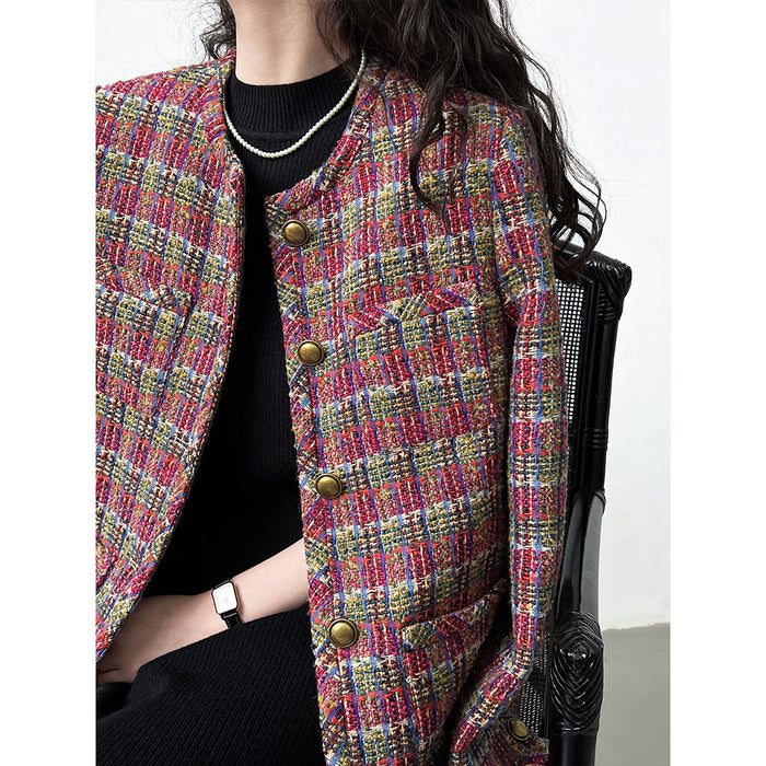 Color-Multi-High Grade Old Money Wine Red Contrast Color Check Woven Chanel Coat Women Swing Gold Top-Fancey Boutique