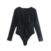 Color-Black-Women Clothing V-neck Long Sleeve Ring Decoration Slim Fit Bodysuit-Fancey Boutique