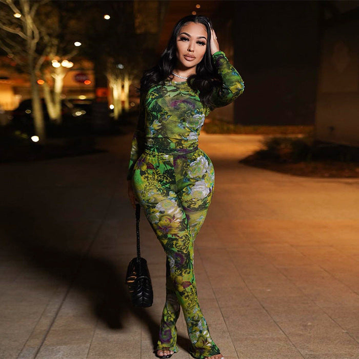 Color-Green-Women Clothing Spring Summer Mesh Printed Tight Top Trousers Casual Suit-Fancey Boutique